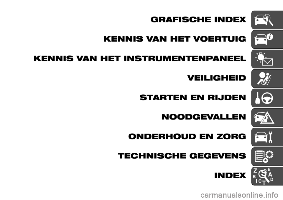 FIAT TALENTO 2017  Instructieboek (in Dutch) GRAFISCHE INDEX
KENNIS VAN HET VOERTUIG
KENNIS VAN HET INSTRUMENTENPANEEL
VEILIGHEID
STARTEN EN RIJDEN
NOODGEVALLEN
ONDERHOUD EN ZORG
TECHNISCHE GEGEVENS
INDEX 