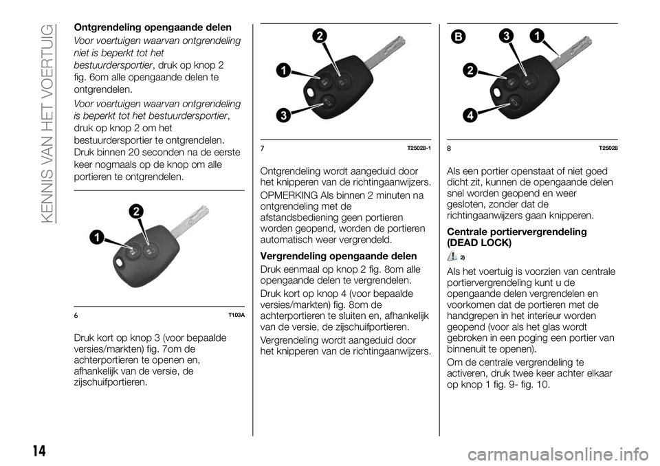 FIAT TALENTO 2018 Instructieboek (in Dutch) Ontgrendeling opengaande delen
Voor voertuigen waarvan ontgrendeling
niet is beperkt tot het
bestuurdersportier, druk op knop 2
fig. 6om alle opengaande delen te
ontgrendelen.
Voor voertuigen waarvan FIAT TALENTO 2018 Instructieboek (in Dutch) Ontgrendeling opengaande delen
Voor voertuigen waarvan ontgrendeling
niet is beperkt tot het
bestuurdersportier, druk op knop 2
fig. 6om alle opengaande delen te
ontgrendelen.
Voor voertuigen waarvan