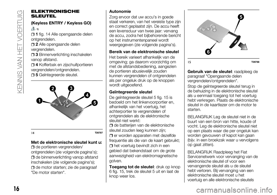 FIAT TALENTO 2018 Instructieboek (in Dutch) ELEKTRONISCHE
SLEUTEL
(Keyless ENTRY / Keyless GO)
1)
1fig. 14 Alle opengaande delen
ontgrendelen.
2Alle opengaande delen
vergrendelen.
3Binnenverlichting inschakelen
vanop afstand.
4Kofferbak en zijs FIAT TALENTO 2018 Instructieboek (in Dutch) ELEKTRONISCHE
SLEUTEL
(Keyless ENTRY / Keyless GO)
1)
1fig. 14 Alle opengaande delen
ontgrendelen.
2Alle opengaande delen
vergrendelen.
3Binnenverlichting inschakelen
vanop afstand.
4Kofferbak en zijs