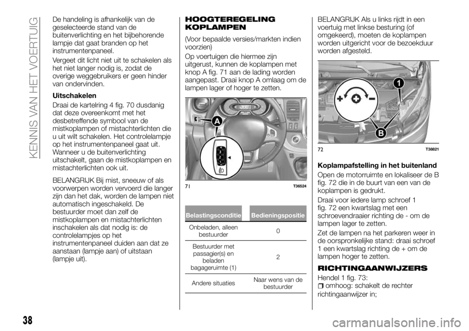 FIAT TALENTO 2018 Instructieboek (in Dutch) De handeling is afhankelijk van de
geselecteerde stand van de
buitenverlichting en het bijbehorende
lampje dat gaat branden op het
instrumentenpaneel.
Vergeet dit licht niet uit te schakelen als
het n FIAT TALENTO 2018 Instructieboek (in Dutch) De handeling is afhankelijk van de
geselecteerde stand van de
buitenverlichting en het bijbehorende
lampje dat gaat branden op het
instrumentenpaneel.
Vergeet dit licht niet uit te schakelen als
het n