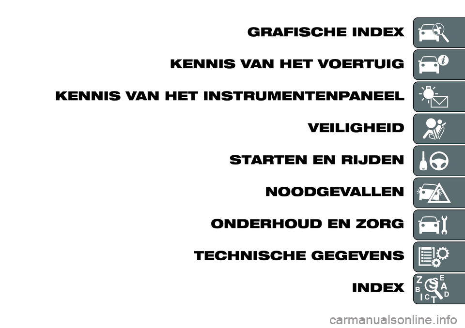 FIAT TALENTO 2018  Instructieboek (in Dutch) GRAFISCHE INDEX
KENNIS VAN HET VOERTUIG
KENNIS VAN HET INSTRUMENTENPANEEL
VEILIGHEID
STARTEN EN RIJDEN
NOODGEVALLEN
ONDERHOUD EN ZORG
TECHNISCHE GEGEVENS
INDEX 