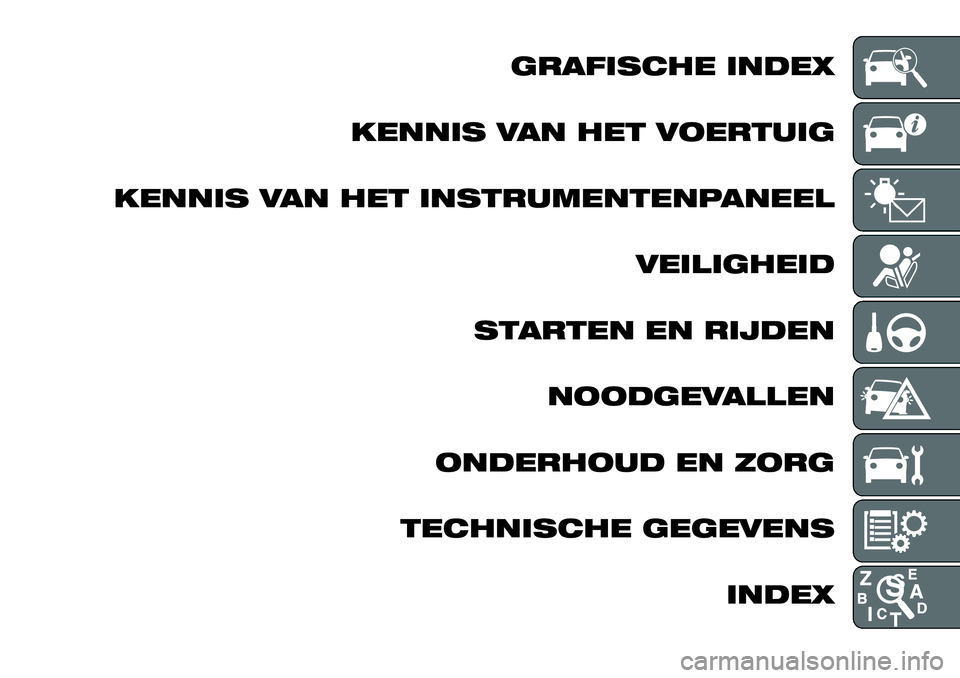 FIAT TALENTO 2018 Instructieboek (in Dutch) GRAFISCHE INDEX
KENNIS VAN HET VOERTUIG
KENNIS VAN HET INSTRUMENTENPANEEL
VEILIGHEID
STARTEN EN RIJDEN
NOODGEVALLEN
ONDERHOUD EN ZORG
TECHNISCHE GEGEVENS
INDEX FIAT TALENTO 2018 Instructieboek (in Dutch) GRAFISCHE INDEX
KENNIS VAN HET VOERTUIG
KENNIS VAN HET INSTRUMENTENPANEEL
VEILIGHEID
STARTEN EN RIJDEN
NOODGEVALLEN
ONDERHOUD EN ZORG
TECHNISCHE GEGEVENS
INDEX