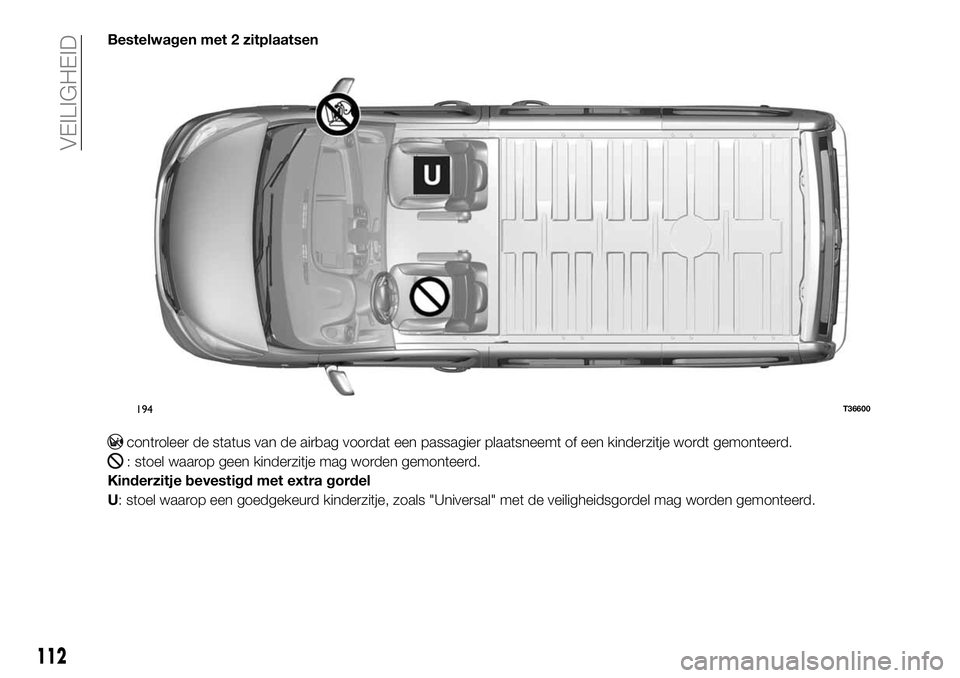 FIAT TALENTO 2020  Instructieboek (in Dutch) Bestelwagen met 2 zitplaatsen
controleer de status van de airbag voordat een passagier plaatsneemt of een kinderzitje wordt gemonteerd.
: stoel waarop geen kinderzitje mag worden gemonteerd.
Kinderzit