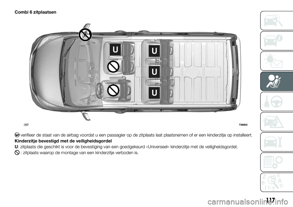 FIAT TALENTO 2020  Instructieboek (in Dutch) Combi 6 zitplaatsen
verifieer de staat van de airbag voordat u een passagier op de zitplaats laat plaatsnemen of er een kinderzitje op installeert.
Kinderzitje bevestigd met de veiligheidsgordel
U: zi