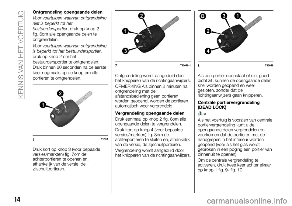 FIAT TALENTO 2020  Instructieboek (in Dutch) Ontgrendeling opengaande delen
Voor voertuigen waarvan ontgrendeling
niet is beperkt tot het
bestuurdersportier, druk op knop 2
fig. 6om alle opengaande delen te
ontgrendelen.
Voor voertuigen waarvan 
