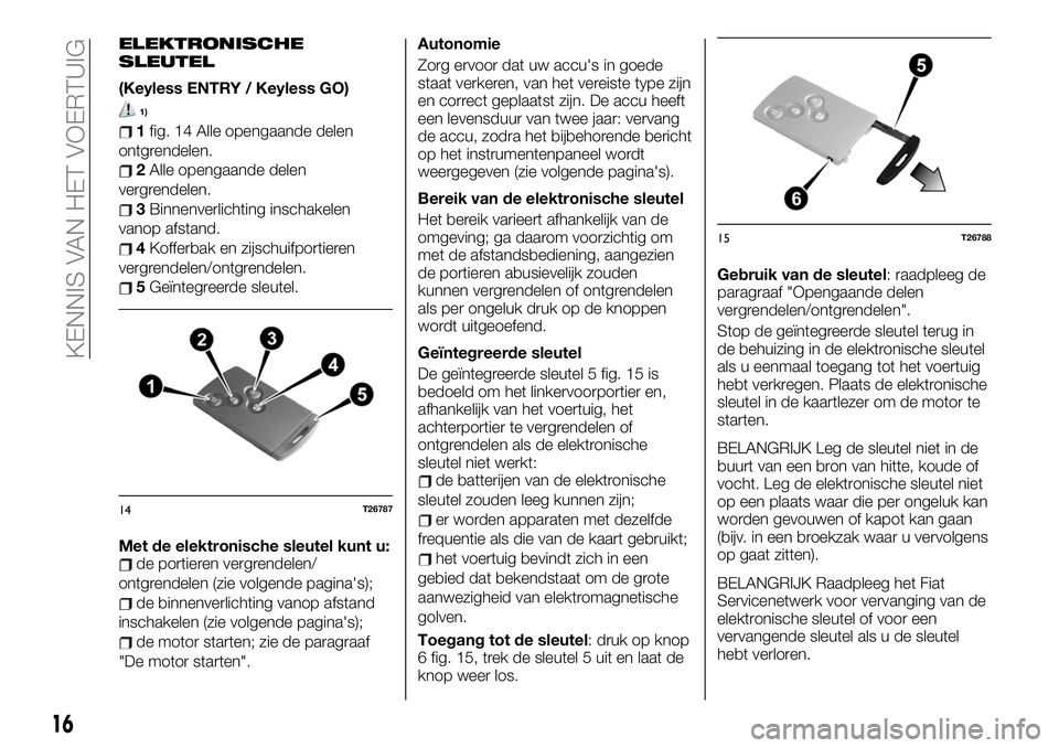 FIAT TALENTO 2020  Instructieboek (in Dutch) ELEKTRONISCHE
SLEUTEL
(Keyless ENTRY / Keyless GO)
1)
1fig. 14 Alle opengaande delen
ontgrendelen.
2Alle opengaande delen
vergrendelen.
3Binnenverlichting inschakelen
vanop afstand.
4Kofferbak en zijs