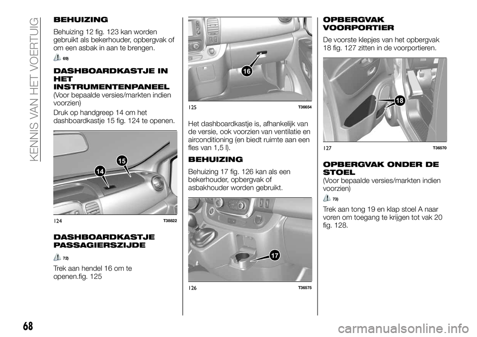 FIAT TALENTO 2020  Instructieboek (in Dutch) BEHUIZING
Behuizing 12 fig. 123 kan worden
gebruikt als bekerhouder, opbergvak of
om een asbak in aan te brengen.
69)
DASHBOARDKASTJE IN
HET
INSTRUMENTENPANEEL
(Voor bepaalde versies/markten indien
vo