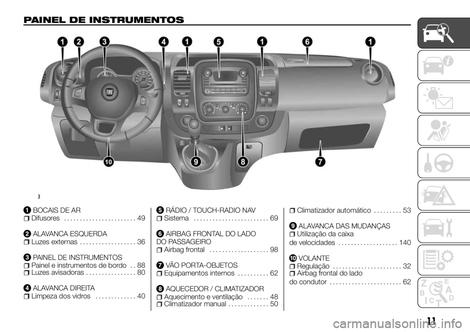 FIAT TALENTO 2017  Manual de Uso e Manutenção (in Portuguese) PAINEL DE INSTRUMENTOS
BOCAIS DE ARDifusores....................... 49
ALAVANCA ESQUERDALuzes externas.................. 36
PAINEL DE INSTRUMENTOSPainel e instrumentos de bordo . . 88Luzes avisadoras.