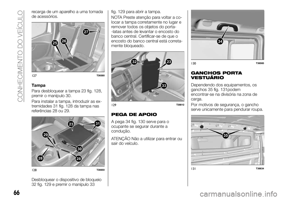 FIAT TALENTO 2017  Manual de Uso e Manutenção (in Portuguese) recarga de um aparelho a uma tomada
de acessórios.
Tampa
Para desbloquear a tampa 23 fig. 128,
premir o manípulo 30.
Para instalar a tampa, introduzir as ex-
tremidades 31 fig. 128 da tampa nas
refe
