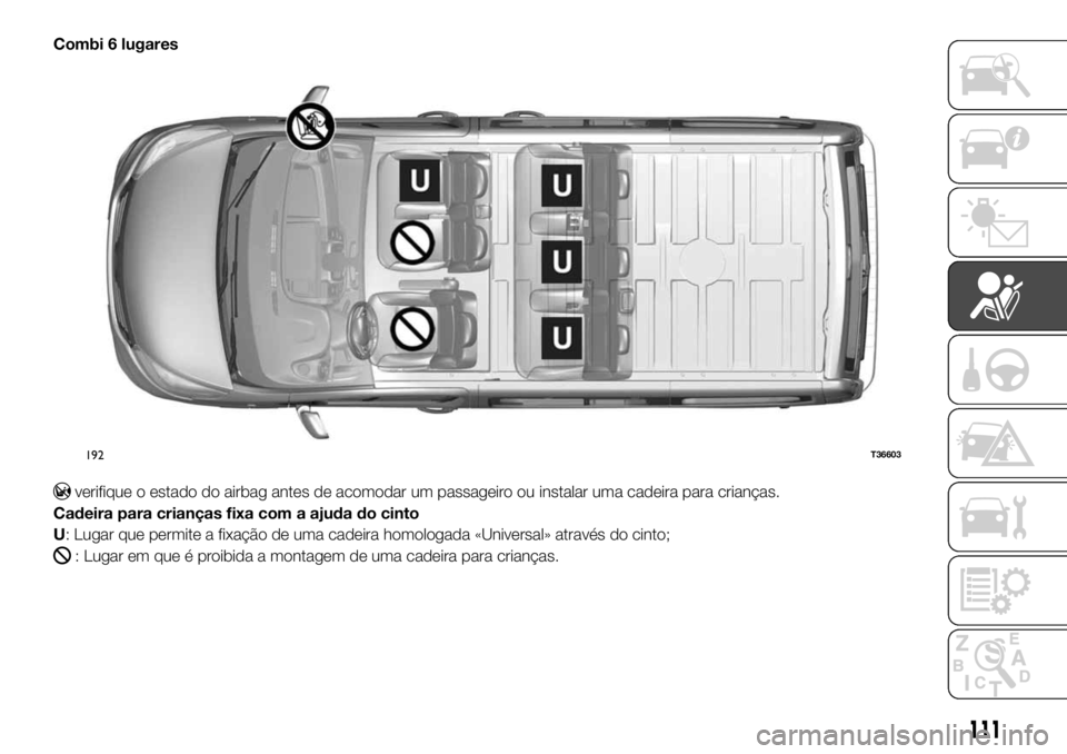FIAT TALENTO 2018 Manual de Uso e Manutenção (in Portuguese) Combi 6 lugares
verifique o estado do airbag antes de acomodar um passageiro ou instalar uma cadeira para crianças.
Cadeira para crianças fixa com a ajuda do cinto
U: Lugar que permite a fixação d FIAT TALENTO 2018 Manual de Uso e Manutenção (in Portuguese) Combi 6 lugares
verifique o estado do airbag antes de acomodar um passageiro ou instalar uma cadeira para crianças.
Cadeira para crianças fixa com a ajuda do cinto
U: Lugar que permite a fixação d