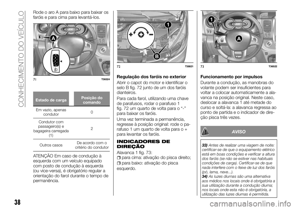 FIAT TALENTO 2018 Manual de Uso e Manutenção (in Portuguese) Rode o aro A para baixo para baixar os
faróis e para cima para levantá-los.
Estado de cargaPosição do
comando
Em vazio, apenas
condutor0
Condutorcom
passageiro(s) e
bagageira carregada
(1)2
Outros FIAT TALENTO 2018 Manual de Uso e Manutenção (in Portuguese) Rode o aro A para baixo para baixar os
faróis e para cima para levantá-los.
Estado de cargaPosição do
comando
Em vazio, apenas
condutor0
Condutorcom
passageiro(s) e
bagageira carregada
(1)2
Outros
