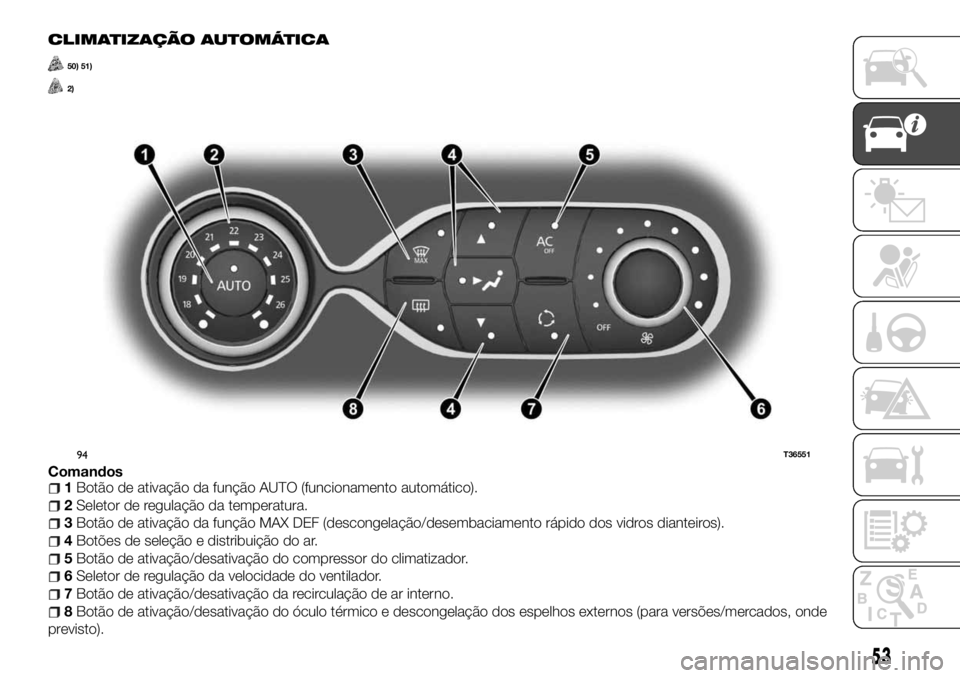 FIAT TALENTO 2018 Manual de Uso e Manutenção (in Portuguese) CLIMATIZAÇÃO AUTOMÁTICA
50) 51)
2)
Comandos1Botão de ativação da função AUTO (funcionamento automático).
2Seletor de regulação da temperatura.
3Botão de ativação da função MAX DEF (des FIAT TALENTO 2018 Manual de Uso e Manutenção (in Portuguese) CLIMATIZAÇÃO AUTOMÁTICA
50) 51)
2)
Comandos1Botão de ativação da função AUTO (funcionamento automático).
2Seletor de regulação da temperatura.
3Botão de ativação da função MAX DEF (des