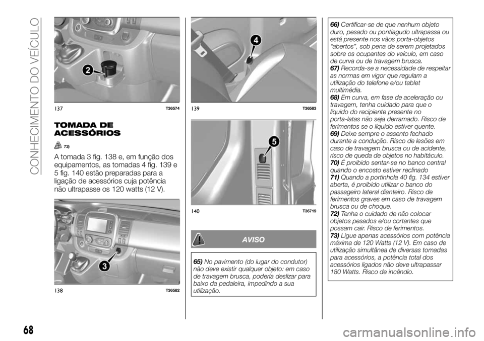 FIAT TALENTO 2018 Manual de Uso e Manutenção (in Portuguese) TOMADA DE
ACESSÓRIOS
73)
A tomada 3 fig. 138 e, em função dos
equipamentos, as tomadas 4 fig. 139 e
5 fig. 140 estão preparadas para a
ligação de acessórios cuja potência
não ultrapasse os 12 FIAT TALENTO 2018 Manual de Uso e Manutenção (in Portuguese) TOMADA DE
ACESSÓRIOS
73)
A tomada 3 fig. 138 e, em função dos
equipamentos, as tomadas 4 fig. 139 e
5 fig. 140 estão preparadas para a
ligação de acessórios cuja potência
não ultrapasse os 12