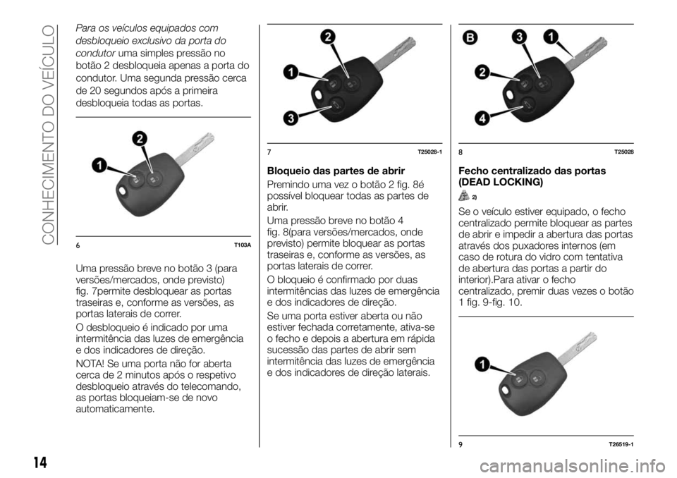 FIAT TALENTO 2020  Manual de Uso e Manutenção (in Portuguese) Para os veículos equipados com
desbloqueio exclusivo da porta do
condutoruma simples pressão no
botão 2 desbloqueia apenas a porta do
condutor. Uma segunda pressão cerca
de 20 segundos após a pri