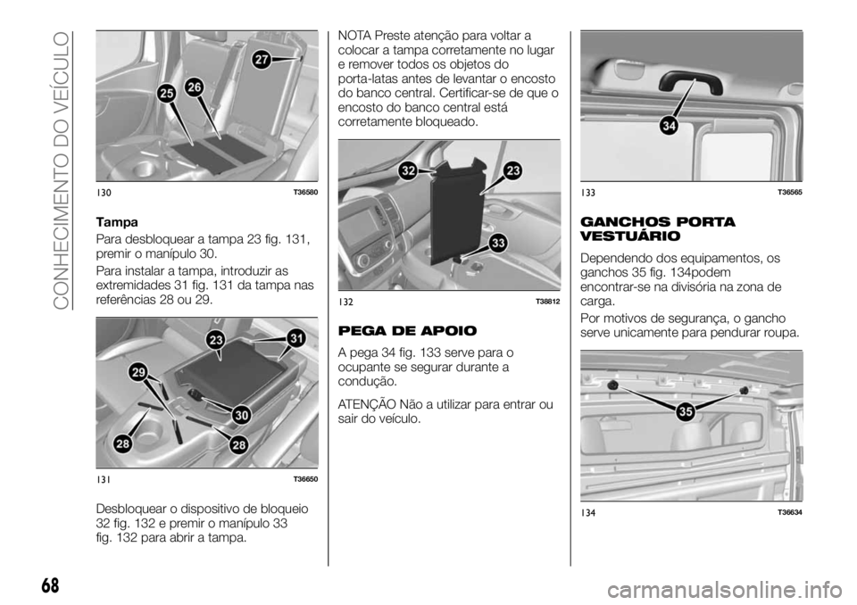 FIAT TALENTO 2020 Manual de Uso e Manutenção (in Portuguese) Tampa
Para desbloquear a tampa 23 fig. 131,
premir o manípulo 30.
Para instalar a tampa, introduzir as
extremidades 31 fig. 131 da tampa nas
referências 28 ou 29.
Desbloquear o dispositivo de bloque FIAT TALENTO 2020 Manual de Uso e Manutenção (in Portuguese) Tampa
Para desbloquear a tampa 23 fig. 131,
premir o manípulo 30.
Para instalar a tampa, introduzir as
extremidades 31 fig. 131 da tampa nas
referências 28 ou 29.
Desbloquear o dispositivo de bloque