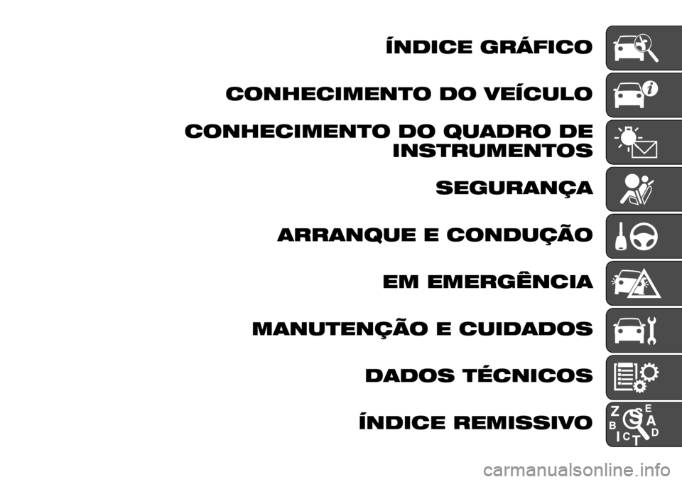FIAT TALENTO 2021 Manual de Uso e Manutenção (in Portuguese) ÍNDICE GRÁFICO
CONHECIMENTO DO VEÍCULO
CONHECIMENTO DO QUADRO DE
INSTRUMENTOS
SEGURANÇA
ARRANQUE E CONDUÇÃO
EM EMERGÊNCIA
MANUTENÇÃO E CUIDADOS
DADOS TÉCNICOS
ÍNDICE REMISSIVO FIAT TALENTO 2021 Manual de Uso e Manutenção (in Portuguese) ÍNDICE GRÁFICO
CONHECIMENTO DO VEÍCULO
CONHECIMENTO DO QUADRO DE
INSTRUMENTOS
SEGURANÇA
ARRANQUE E CONDUÇÃO
EM EMERGÊNCIA
MANUTENÇÃO E CUIDADOS
DADOS TÉCNICOS
ÍNDICE REMISSIVO
