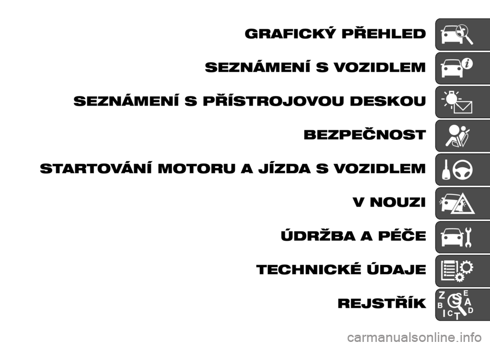 FIAT TALENTO 2017  Návod k použití a údržbě (in Czech) GRAFICKÝ PŘEHLED
SEZNÁMENÍ S VOZIDLEM
SEZNÁMENÍ S PŘÍSTROJOVOU DESKOU
BEZPEČNOST
STARTOVÁNÍ MOTORU A JÍZDA S VOZIDLEM
V NOUZI
ÚDRŽBA A PÉČE
TECHNICKÉ ÚDAJE
REJSTŘÍK 