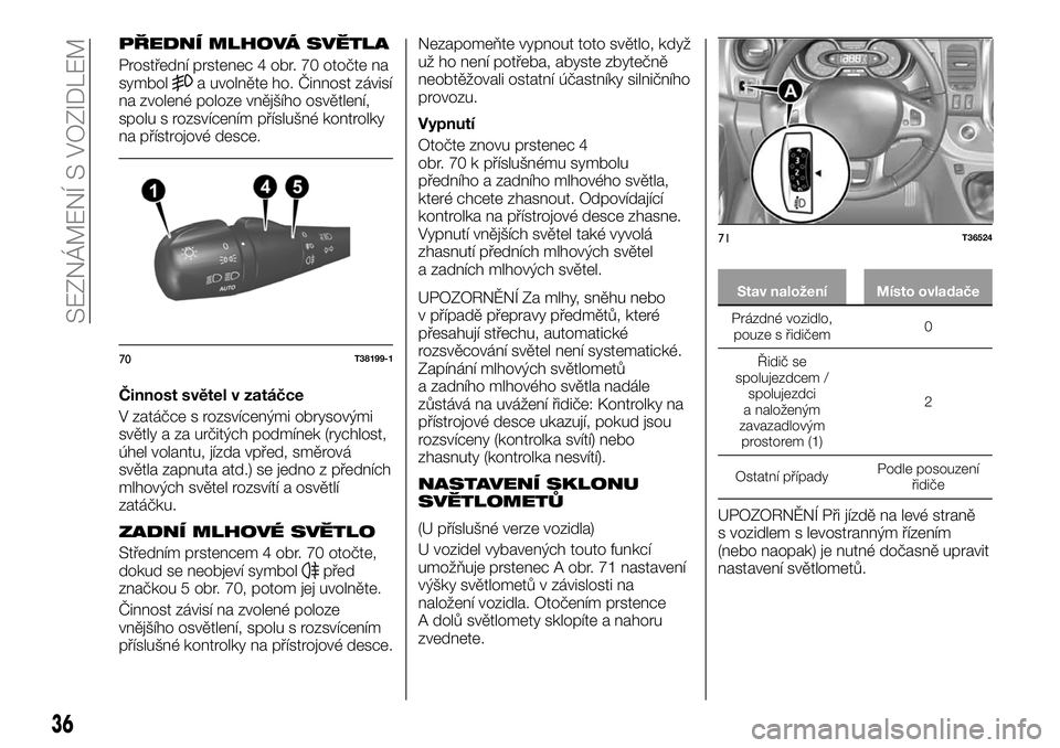 FIAT TALENTO 2018  Návod k použití a údržbě (in Czech) PŘEDNÍ MLHOVÁ SVĚTLA
Prostřední prstenec 4 obr. 70 otočte na
symbola uvolněte ho. Činnost závisí
na zvolené poloze vnějšího osvětlení,
spolu s rozsvícením příslušné kontrolky
na