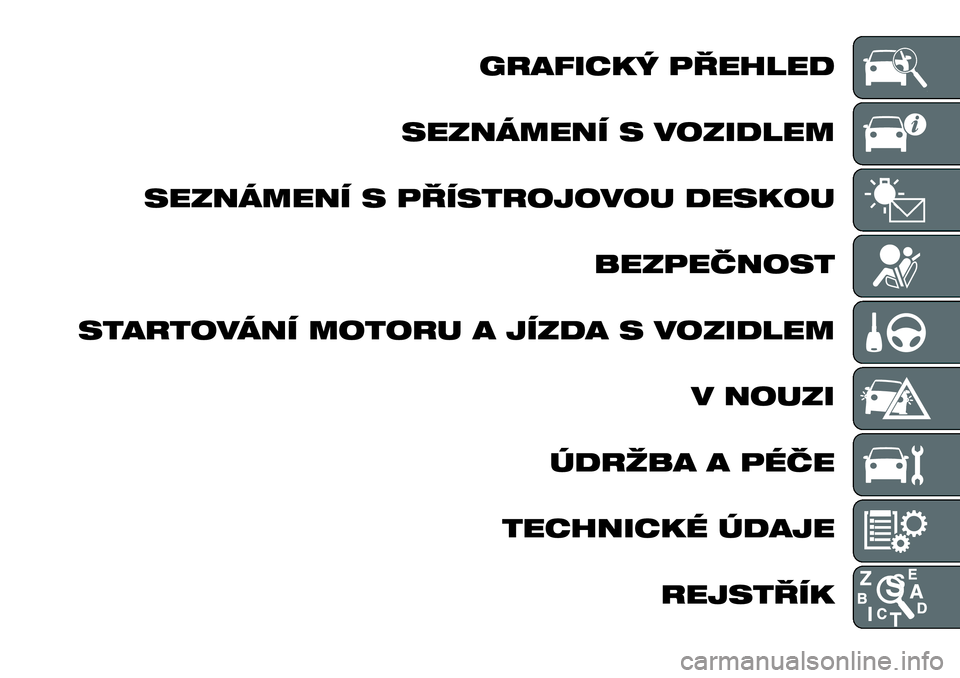 FIAT TALENTO 2018 Návod k použití a údržbě (in Czech) GRAFICKÝ PŘEHLED
SEZNÁMENÍ S VOZIDLEM
SEZNÁMENÍ S PŘÍSTROJOVOU DESKOU
BEZPEČNOST
STARTOVÁNÍ MOTORU A JÍZDA S VOZIDLEM
V NOUZI
ÚDRŽBA A PÉČE
TECHNICKÉ ÚDAJE
REJSTŘÍK FIAT TALENTO 2018 Návod k použití a údržbě (in Czech) GRAFICKÝ PŘEHLED
SEZNÁMENÍ S VOZIDLEM
SEZNÁMENÍ S PŘÍSTROJOVOU DESKOU
BEZPEČNOST
STARTOVÁNÍ MOTORU A JÍZDA S VOZIDLEM
V NOUZI
ÚDRŽBA A PÉČE
TECHNICKÉ ÚDAJE
REJSTŘÍK