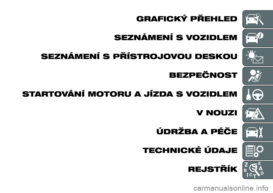 FIAT TALENTO 2018  Návod k použití a údržbě (in Czech) GRAFICKÝ PŘEHLED
SEZNÁMENÍ S VOZIDLEM
SEZNÁMENÍ S PŘÍSTROJOVOU DESKOU
BEZPEČNOST
STARTOVÁNÍ MOTORU A JÍZDA S VOZIDLEM
V NOUZI
ÚDRŽBA A PÉČE
TECHNICKÉ ÚDAJE
REJSTŘÍK 