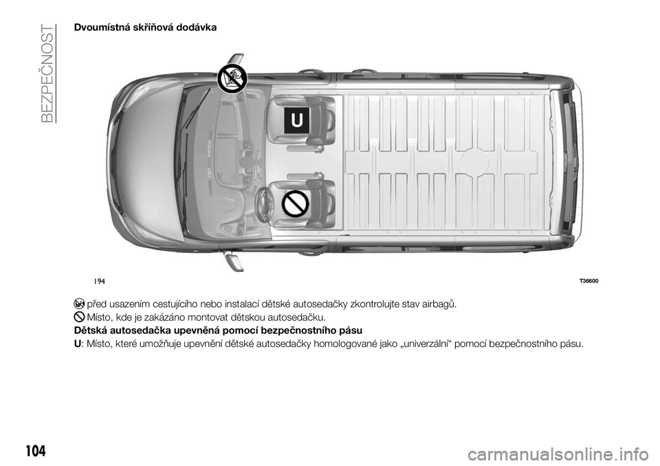 FIAT TALENTO 2020  Návod k použití a údržbě (in Czech) Dvoumístná skříňová dodávka
před usazením cestujícího nebo instalací dětské autosedačky zkontrolujte stav airbagů.
Místo, kde je zakázáno montovat dětskou autosedačku.
Dětská au