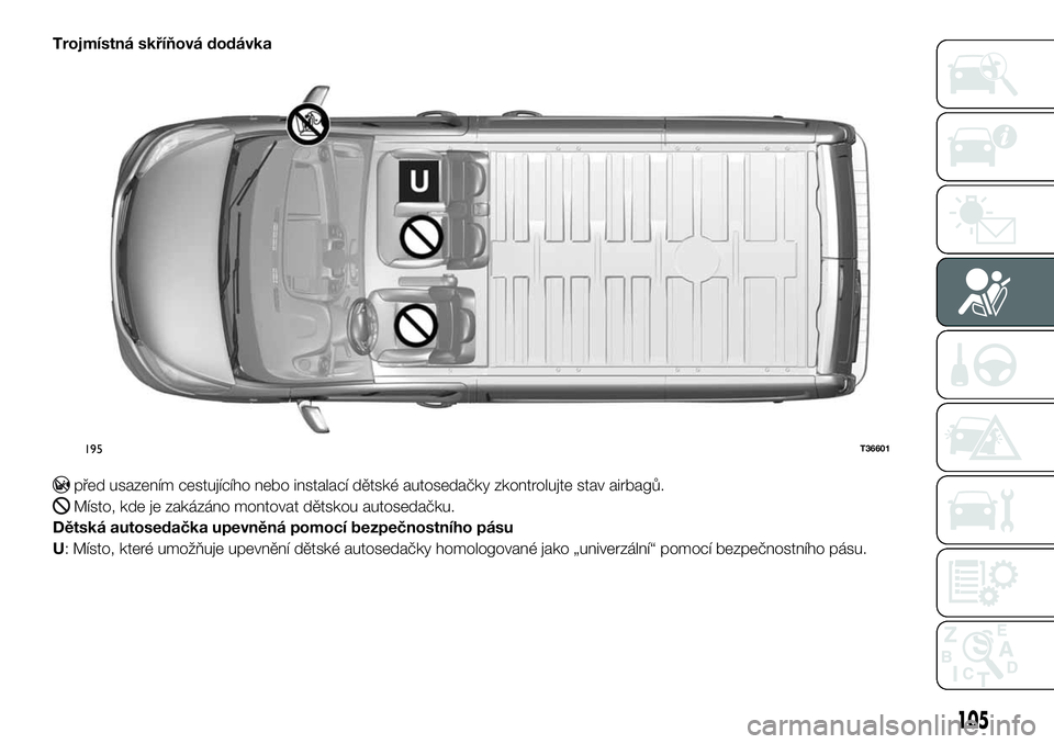 FIAT TALENTO 2020  Návod k použití a údržbě (in Czech) Trojmístná skříňová dodávka
před usazením cestujícího nebo instalací dětské autosedačky zkontrolujte stav airbagů.
Místo, kde je zakázáno montovat dětskou autosedačku.
Dětská au