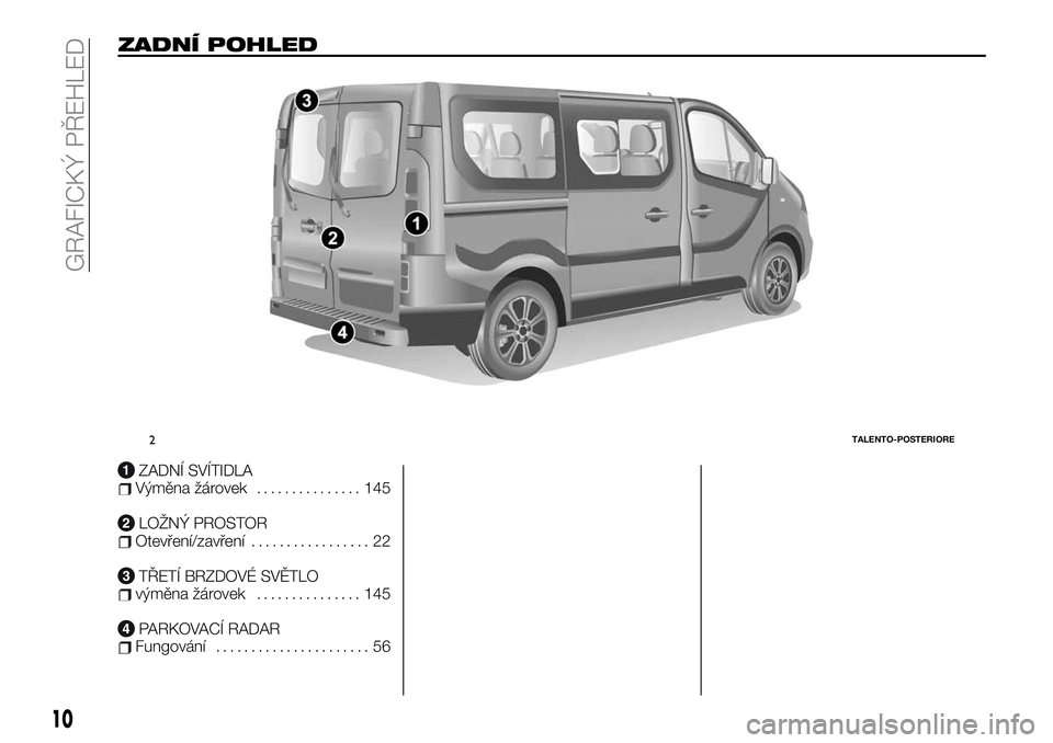 FIAT TALENTO 2020  Návod k použití a údržbě (in Czech) ZADNÍ POHLED
ZADNÍ SVÍTIDLAVýměna žárovek............... 145
LOŽNÝ PROSTOROtevření/zavření................. 22
TŘETÍ BRZDOVÉ SVĚTLOvýměna žárovek............... 145
PARKOVACÍ RAD