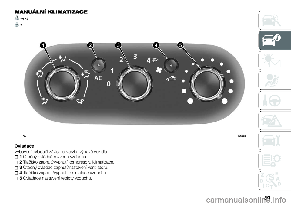 FIAT TALENTO 2021  Návod k použití a údržbě (in Czech) MANUÁLNÍ KLIMATIZACE
54) 55)
2)
Ovladače
Vybavení ovladači závisí na verzi a výbavě vozidla.
1Otočný ovládač rozvodu vzduchu.
2Tlačítko zapnutí/vypnutí kompresoru klimatizace.
3Otočn