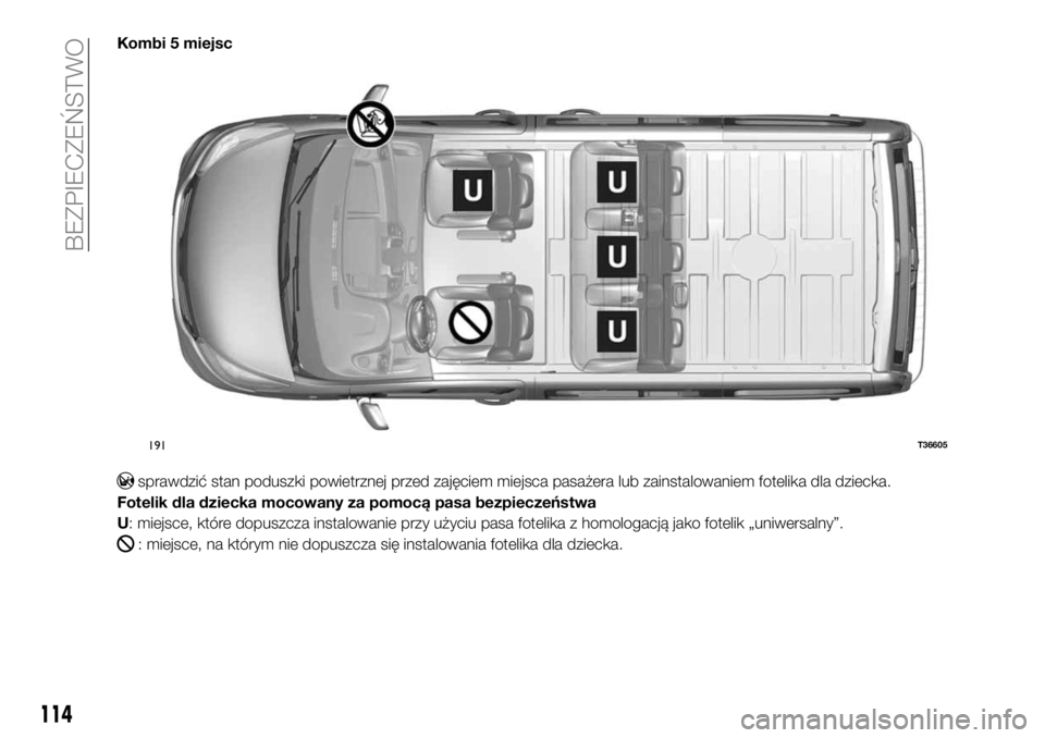 FIAT TALENTO 2017 Instrukcja obsługi (in Polish) Kombi 5 miejsc
sprawdzić stan poduszki powietrznej przed zajęciem miejsca pasażera lub zainstalowaniem fotelika dla dziecka.
Fotelik dla dziecka mocowany za pomocą pasa bezpieczeństwa
U: miejsce, FIAT TALENTO 2017 Instrukcja obsługi (in Polish) Kombi 5 miejsc
sprawdzić stan poduszki powietrznej przed zajęciem miejsca pasażera lub zainstalowaniem fotelika dla dziecka.
Fotelik dla dziecka mocowany za pomocą pasa bezpieczeństwa
U: miejsce,