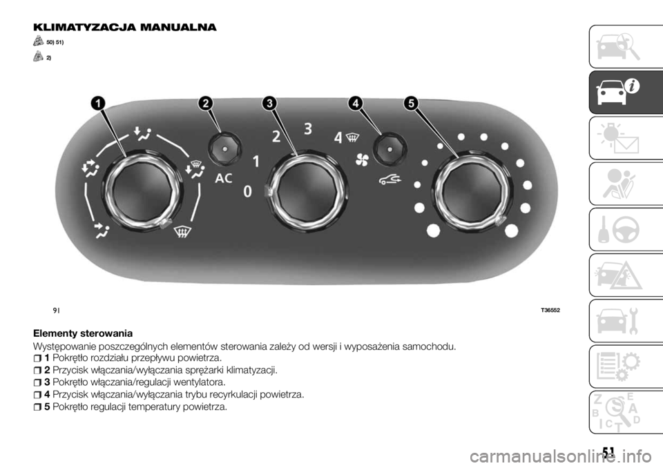 FIAT TALENTO 2017 Instrukcja obsługi (in Polish) KLIMATYZACJA MANUALNA
50) 51)
2)
Elementy sterowania
Występowanie poszczególnych elementów sterowania zależy od wersji i wyposażenia samochodu.
1Pokrętło rozdziału przepływu powietrza.
2Przyc FIAT TALENTO 2017 Instrukcja obsługi (in Polish) KLIMATYZACJA MANUALNA
50) 51)
2)
Elementy sterowania
Występowanie poszczególnych elementów sterowania zależy od wersji i wyposażenia samochodu.
1Pokrętło rozdziału przepływu powietrza.
2Przyc
