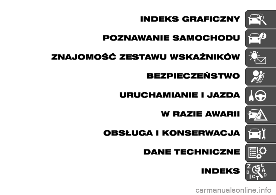 FIAT TALENTO 2017  Instrukcja obsługi (in Polish) INDEKS GRAFICZNY
POZNAWANIE SAMOCHODU
ZNAJOMOŚĆ ZESTAWU WSKAŹNIKÓW
BEZPIECZEŃSTWO
URUCHAMIANIE I JAZDA
W RAZIE AWARII
OBSŁUGA I KONSERWACJA
DANE TECHNICZNE
INDEKS 