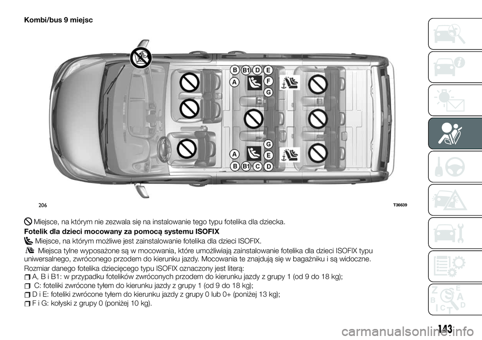 FIAT TALENTO 2021 Instrukcja obsługi (in Polish) Kombi/bus 9 miejsc
Miejsce, na którym nie zezwala się na instalowanie tego typu fotelika dla dziecka.
Fotelik dla dzieci mocowany za pomocą systemu ISOFIX
Miejsce, na którym możliwe jest zainstal FIAT TALENTO 2021 Instrukcja obsługi (in Polish) Kombi/bus 9 miejsc
Miejsce, na którym nie zezwala się na instalowanie tego typu fotelika dla dziecka.
Fotelik dla dzieci mocowany za pomocą systemu ISOFIX
Miejsce, na którym możliwe jest zainstal