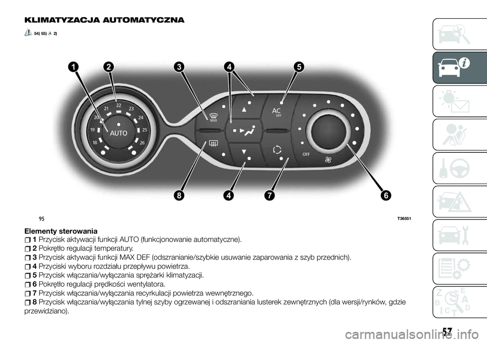 FIAT TALENTO 2021 Instrukcja obsługi (in Polish) KLIMATYZACJA AUTOMATYCZNA
54) 55)2)
Elementy sterowania1Przycisk aktywacji funkcji AUTO (funkcjonowanie automatyczne).
2Pokrętło regulacji temperatury.
3Przycisk aktywacji funkcji MAX DEF (odszrania FIAT TALENTO 2021 Instrukcja obsługi (in Polish) KLIMATYZACJA AUTOMATYCZNA
54) 55)2)
Elementy sterowania1Przycisk aktywacji funkcji AUTO (funkcjonowanie automatyczne).
2Pokrętło regulacji temperatury.
3Przycisk aktywacji funkcji MAX DEF (odszrania