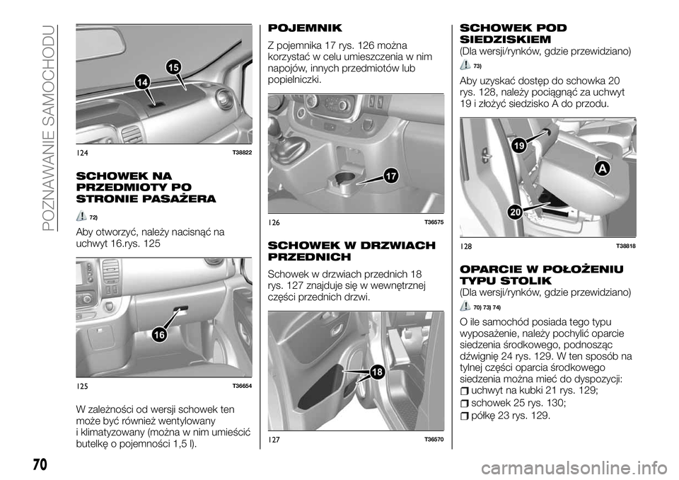 FIAT TALENTO 2020 Instrukcja obsługi (in Polish) SCHOWEK NA
PRZEDMIOTY PO
STRONIE PASAŻERA
72)
Aby otworzyć, należy nacisnąć na
uchwyt 16.rys. 125
W zależności od wersji schowek ten
może być również wentylowany
i klimatyzowany (można w n FIAT TALENTO 2020 Instrukcja obsługi (in Polish) SCHOWEK NA
PRZEDMIOTY PO
STRONIE PASAŻERA
72)
Aby otworzyć, należy nacisnąć na
uchwyt 16.rys. 125
W zależności od wersji schowek ten
może być również wentylowany
i klimatyzowany (można w n