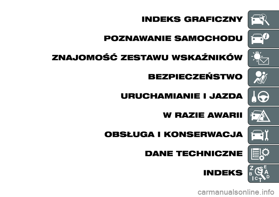 FIAT TALENTO 2019 Instrukcja obsługi (in Polish) INDEKS GRAFICZNY
POZNAWANIE SAMOCHODU
ZNAJOMOŚĆ ZESTAWU WSKAŹNIKÓW
BEZPIECZEŃSTWO
URUCHAMIANIE I JAZDA
W RAZIE AWARII
OBSŁUGA I KONSERWACJA
DANE TECHNICZNE
INDEKS FIAT TALENTO 2019 Instrukcja obsługi (in Polish) INDEKS GRAFICZNY
POZNAWANIE SAMOCHODU
ZNAJOMOŚĆ ZESTAWU WSKAŹNIKÓW
BEZPIECZEŃSTWO
URUCHAMIANIE I JAZDA
W RAZIE AWARII
OBSŁUGA I KONSERWACJA
DANE TECHNICZNE
INDEKS