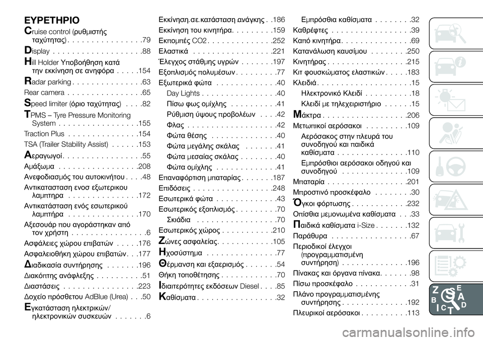 FIAT TALENTO 2020  ΒΙΒΛΙΟ ΧΡΗΣΗΣ ΚΑΙ ΣΥΝΤΗΡΗΣΗΣ (in Greek) EYPETHPIO
Cruise control (ρυθμιστής
ταχύτητας)................79
Display...................88
Hill HolderΥποβοήθηση κατά
την εκκίνηση σε ανηφόρα....