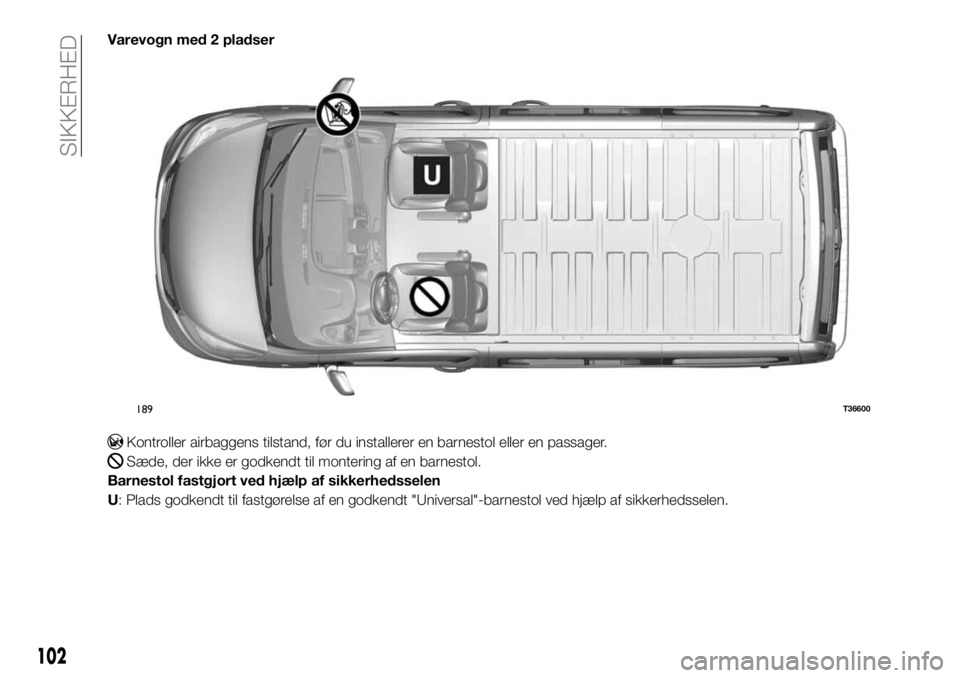 FIAT TALENTO 2017 Brugs- og vedligeholdelsesvejledning (in Danish) Varevogn med 2 pladser
Kontroller airbaggens tilstand, før du installerer en barnestol eller en passager.
Sæde, der ikke er godkendt til montering af en barnestol.
Barnestol fastgjort ved hjælp af FIAT TALENTO 2017 Brugs- og vedligeholdelsesvejledning (in Danish) Varevogn med 2 pladser
Kontroller airbaggens tilstand, før du installerer en barnestol eller en passager.
Sæde, der ikke er godkendt til montering af en barnestol.
Barnestol fastgjort ved hjælp af