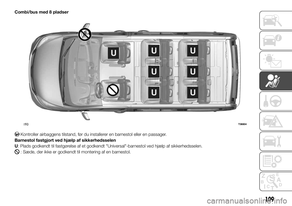 FIAT TALENTO 2017 Brugs- og vedligeholdelsesvejledning (in Danish) Combi/bus med 8 pladser
Kontroller airbaggens tilstand, før du installerer en barnestol eller en passager.
Barnestol fastgjort ved hjælp af sikkerhedsselen
U: Plads godkendt til fastgørelse af et g FIAT TALENTO 2017 Brugs- og vedligeholdelsesvejledning (in Danish) Combi/bus med 8 pladser
Kontroller airbaggens tilstand, før du installerer en barnestol eller en passager.
Barnestol fastgjort ved hjælp af sikkerhedsselen
U: Plads godkendt til fastgørelse af et g