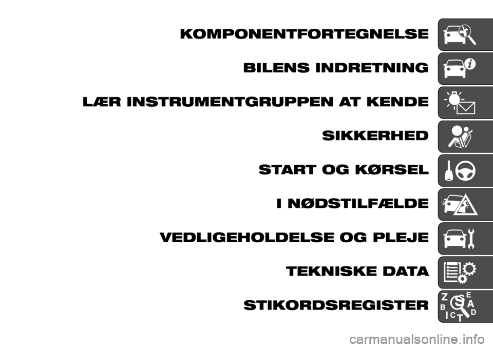 FIAT TALENTO 2017  Brugs- og vedligeholdelsesvejledning (in Danish) KOMPONENTFORTEGNELSE
BILENS INDRETNING
LÆR INSTRUMENTGRUPPEN AT KENDE
SIKKERHED
START OG KØRSEL
I NØDSTILFÆLDE
VEDLIGEHOLDELSE OG PLEJE
TEKNISKE DATA
STIKORDSREGISTER 