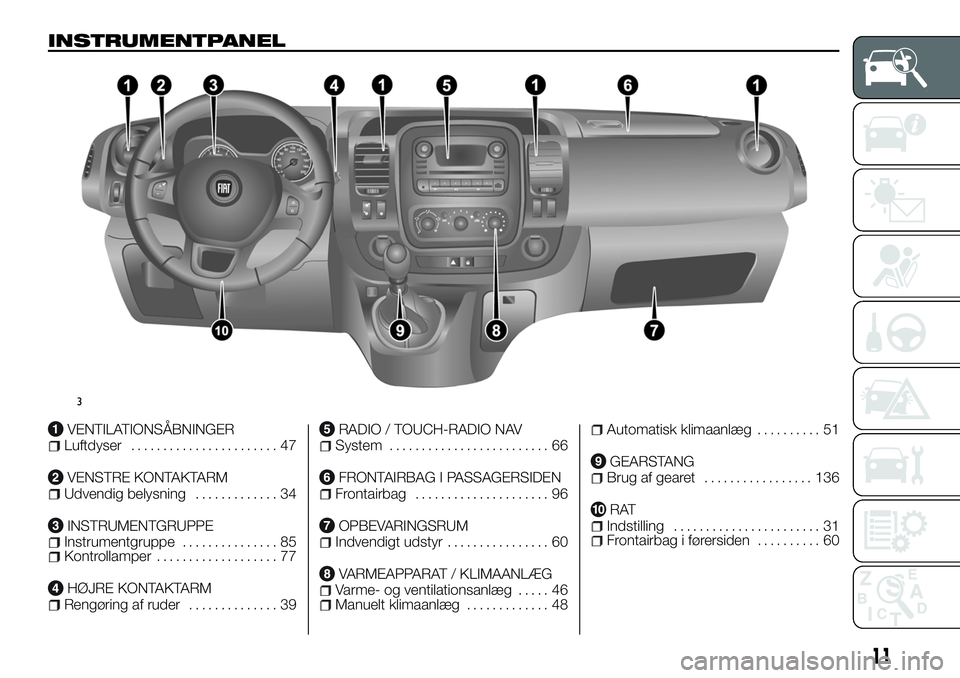 FIAT TALENTO 2018  Brugs- og vedligeholdelsesvejledning (in Danish) INSTRUMENTPANEL
VENTILATIONSÅBNINGERLuftdyser....................... 47
VENSTRE KONTAKTARMUdvendig belysning............. 34
INSTRUMENTGRUPPEInstrumentgruppe............... 85Kontrollamper...........