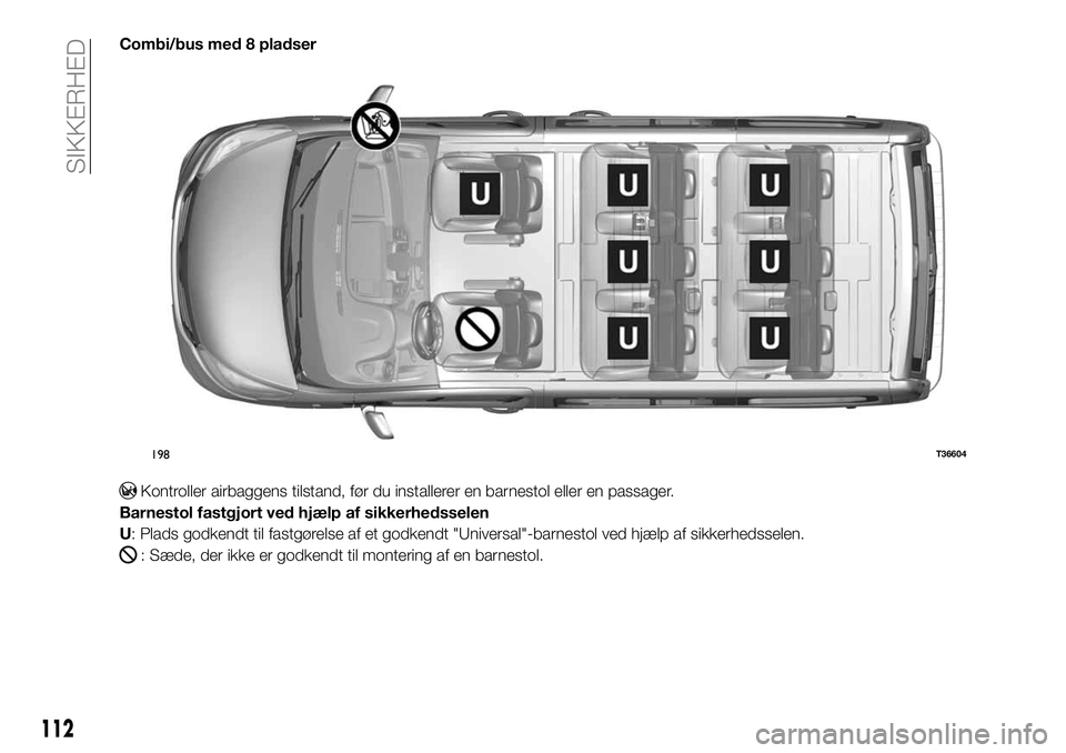 FIAT TALENTO 2019 Brugs- og vedligeholdelsesvejledning (in Danish) Combi/bus med 8 pladser
Kontroller airbaggens tilstand, før du installerer en barnestol eller en passager.
Barnestol fastgjort ved hjælp af sikkerhedsselen
U: Plads godkendt til fastgørelse af et g FIAT TALENTO 2019 Brugs- og vedligeholdelsesvejledning (in Danish) Combi/bus med 8 pladser
Kontroller airbaggens tilstand, før du installerer en barnestol eller en passager.
Barnestol fastgjort ved hjælp af sikkerhedsselen
U: Plads godkendt til fastgørelse af et g