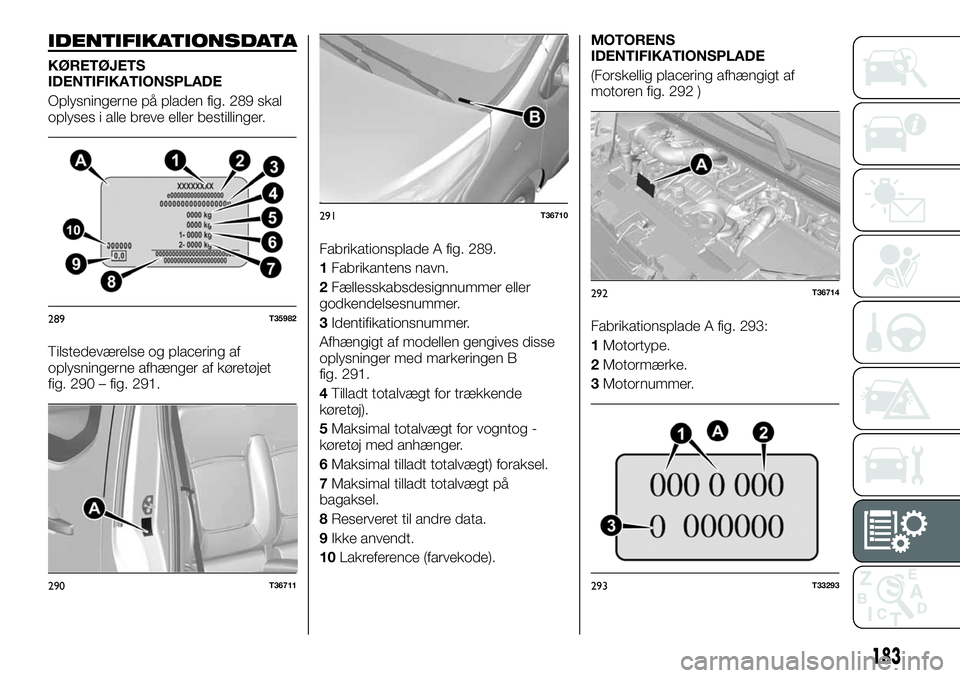 FIAT TALENTO 2019  Brugs- og vedligeholdelsesvejledning (in Danish) IDENTIFIKATIONSDATA
KØRETØJETS
IDENTIFIKATIONSPLADE
Oplysningerne på pladen fig. 289 skal
oplyses i alle breve eller bestillinger.
Tilstedeværelse og placering af
oplysningerne afhænger af køret