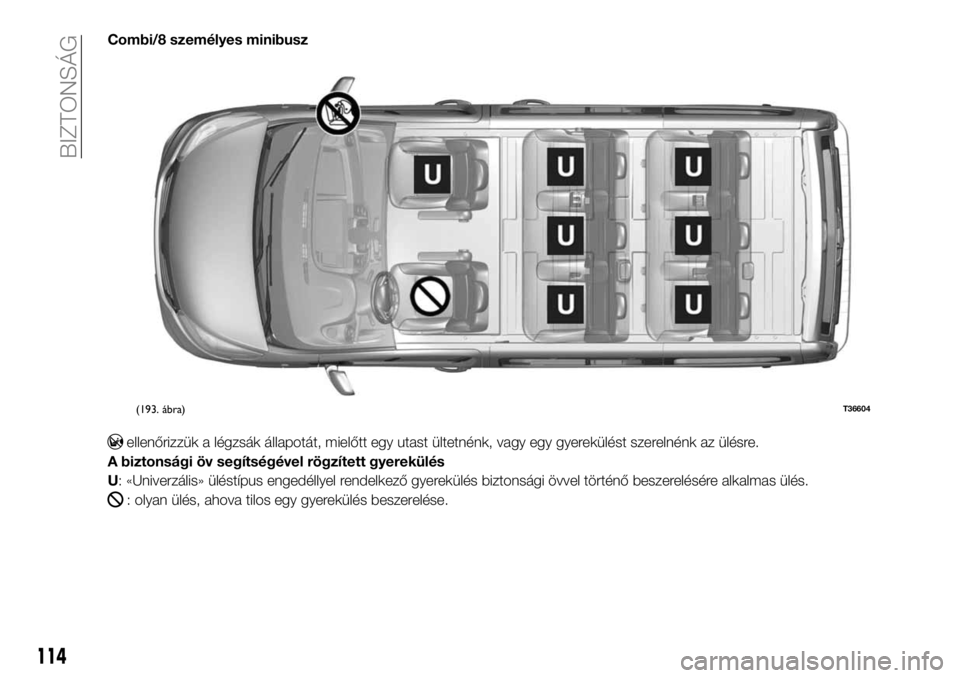 FIAT TALENTO 2017 Kezelési és karbantartási útmutató (in Hungarian) Combi/8 személyes minibusz
ellenőrizzük a légzsák állapotát, mielőtt egy utast ültetnénk, vagy egy gyerekülést szerelnénk az ülésre.
A biztonsági öv segítségével rögzített gyerek FIAT TALENTO 2017 Kezelési és karbantartási útmutató (in Hungarian) Combi/8 személyes minibusz
ellenőrizzük a légzsák állapotát, mielőtt egy utast ültetnénk, vagy egy gyerekülést szerelnénk az ülésre.
A biztonsági öv segítségével rögzített gyerek