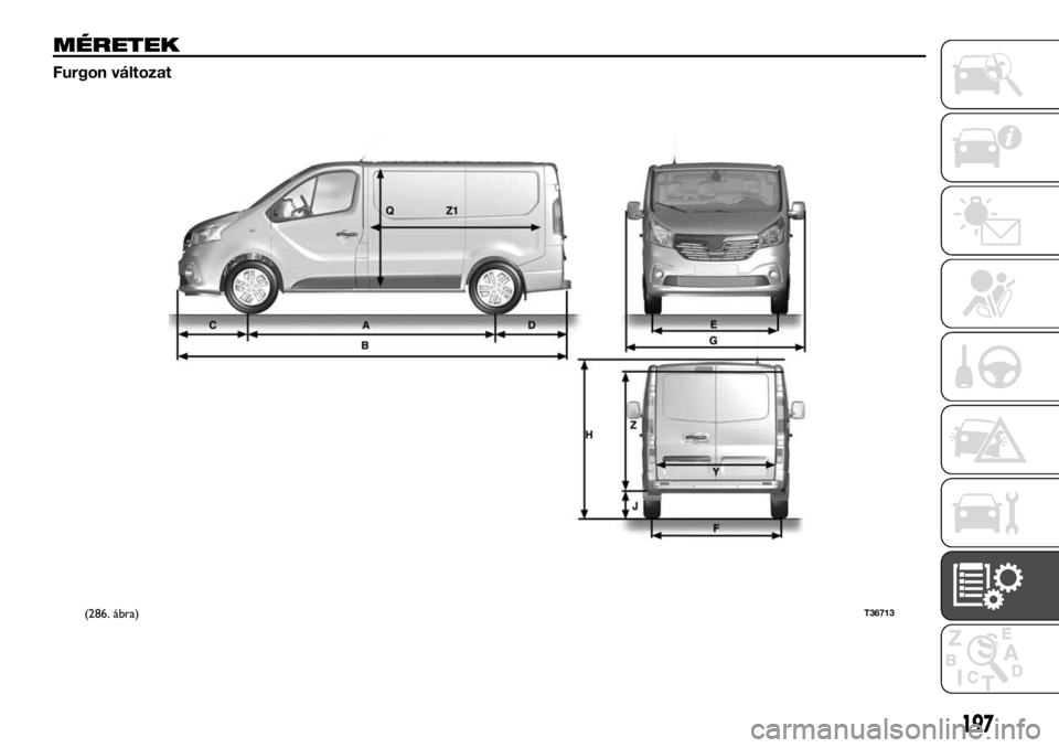 FIAT TALENTO 2017  Kezelési és karbantartási útmutató (in Hungarian) MÉRETEK
Furgon változat
(286. ábra)T36713
197 