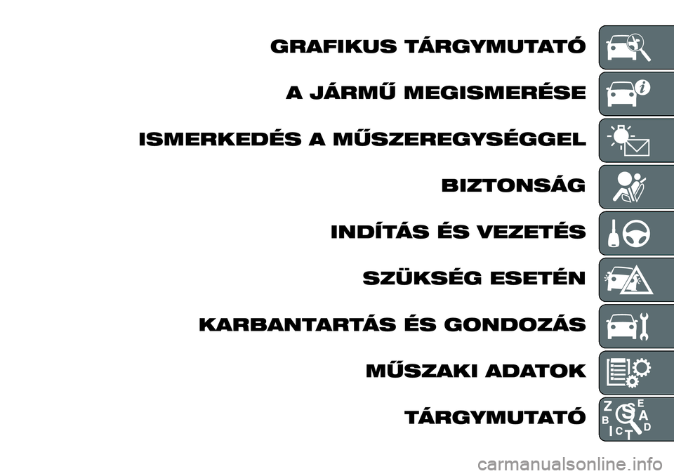 FIAT TALENTO 2018 Kezelési és karbantartási útmutató (in Hungarian) GRAFIKUS TÁRGYMUTATÓ
A JÁRMŰ MEGISMERÉSE
ISMERKEDÉS A MŰSZEREGYSÉGGEL
BIZTONSÁG
INDÍTÁS ÉS VEZETÉS
SZÜKSÉG ESETÉN
KARBANTARTÁS ÉS GONDOZÁS
MŰSZAKI ADATOK
TÁRGYMUTATÓ FIAT TALENTO 2018 Kezelési és karbantartási útmutató (in Hungarian) GRAFIKUS TÁRGYMUTATÓ
A JÁRMŰ MEGISMERÉSE
ISMERKEDÉS A MŰSZEREGYSÉGGEL
BIZTONSÁG
INDÍTÁS ÉS VEZETÉS
SZÜKSÉG ESETÉN
KARBANTARTÁS ÉS GONDOZÁS
MŰSZAKI ADATOK
TÁRGYMUTATÓ