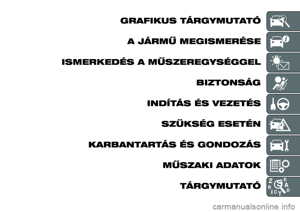 FIAT TALENTO 2018  Kezelési és karbantartási útmutató (in Hungarian) GRAFIKUS TÁRGYMUTATÓ
A JÁRMŰ MEGISMERÉSE
ISMERKEDÉS A MŰSZEREGYSÉGGEL
BIZTONSÁG
INDÍTÁS ÉS VEZETÉS
SZÜKSÉG ESETÉN
KARBANTARTÁS ÉS GONDOZÁS
MŰSZAKI ADATOK
TÁRGYMUTATÓ 