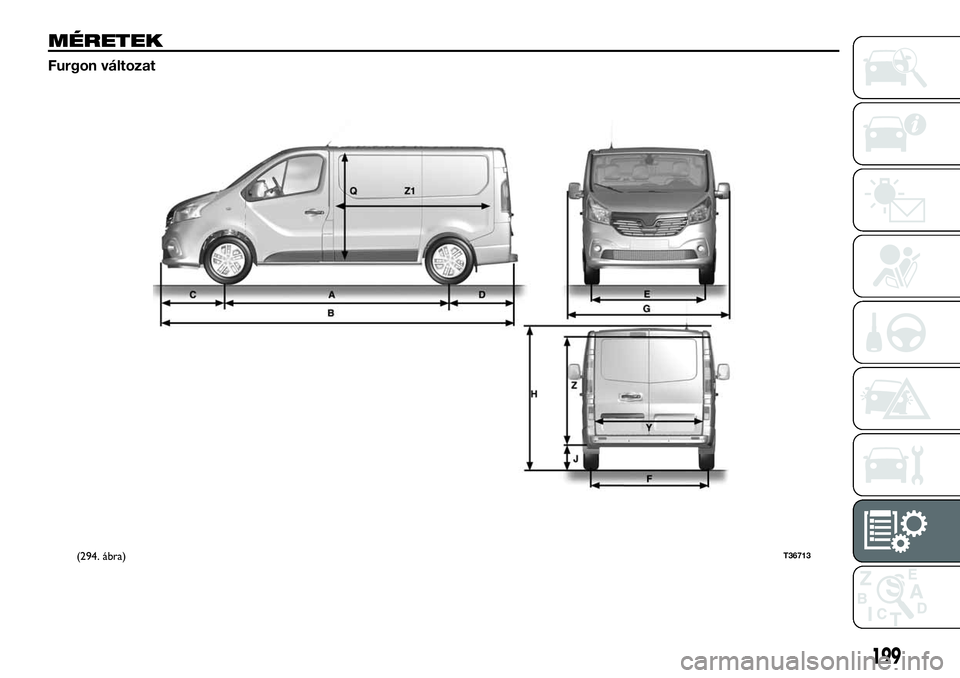 FIAT TALENTO 2020  Kezelési és karbantartási útmutató (in Hungarian) MÉRETEK
Furgon változat
(294. ábra)T36713
199 