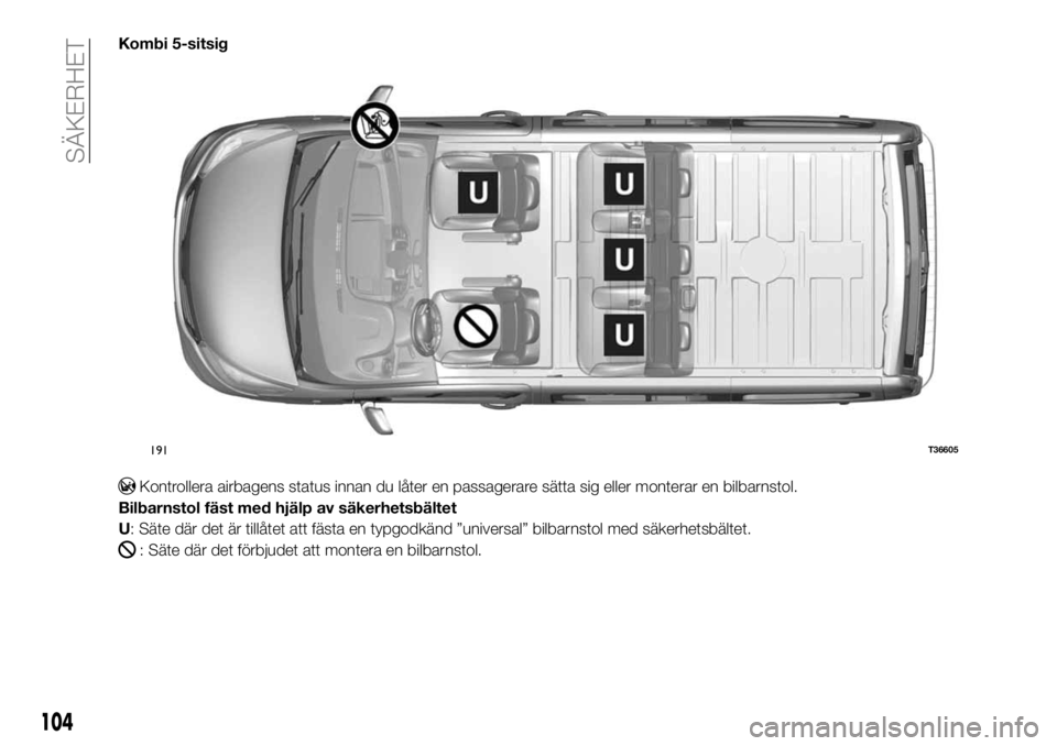 FIAT TALENTO 2017 Drift- och underhållshandbok (in Swedish) Kombi 5-sitsig
Kontrollera airbagens status innan du låter en passagerare sätta sig eller monterar en bilbarnstol.
Bilbarnstol fäst med hjälp av säkerhetsbältet
U: Säte där det är tillåtet a FIAT TALENTO 2017 Drift- och underhållshandbok (in Swedish) Kombi 5-sitsig
Kontrollera airbagens status innan du låter en passagerare sätta sig eller monterar en bilbarnstol.
Bilbarnstol fäst med hjälp av säkerhetsbältet
U: Säte där det är tillåtet a