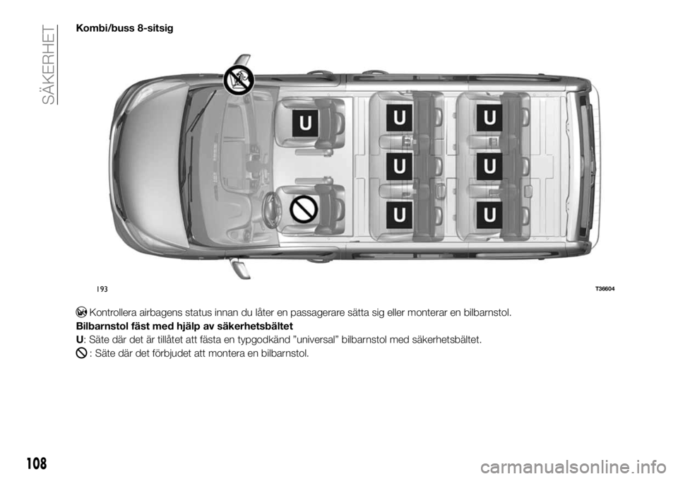 FIAT TALENTO 2017 Drift- och underhållshandbok (in Swedish) Kombi/buss 8-sitsig
Kontrollera airbagens status innan du låter en passagerare sätta sig eller monterar en bilbarnstol.
Bilbarnstol fäst med hjälp av säkerhetsbältet
U: Säte där det är tillå FIAT TALENTO 2017 Drift- och underhållshandbok (in Swedish) Kombi/buss 8-sitsig
Kontrollera airbagens status innan du låter en passagerare sätta sig eller monterar en bilbarnstol.
Bilbarnstol fäst med hjälp av säkerhetsbältet
U: Säte där det är tillå