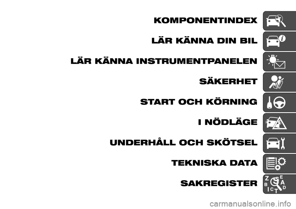 FIAT TALENTO 2017  Drift- och underhållshandbok (in Swedish) KOMPONENTINDEX
LÄR KÄNNA DIN BIL
LÄR KÄNNA INSTRUMENTPANELEN
SÄKERHET
START OCH KÖRNING
I NÖDLÄGE
UNDERHÅLL OCH SKÖTSEL
TEKNISKA DATA
SAKREGISTER 